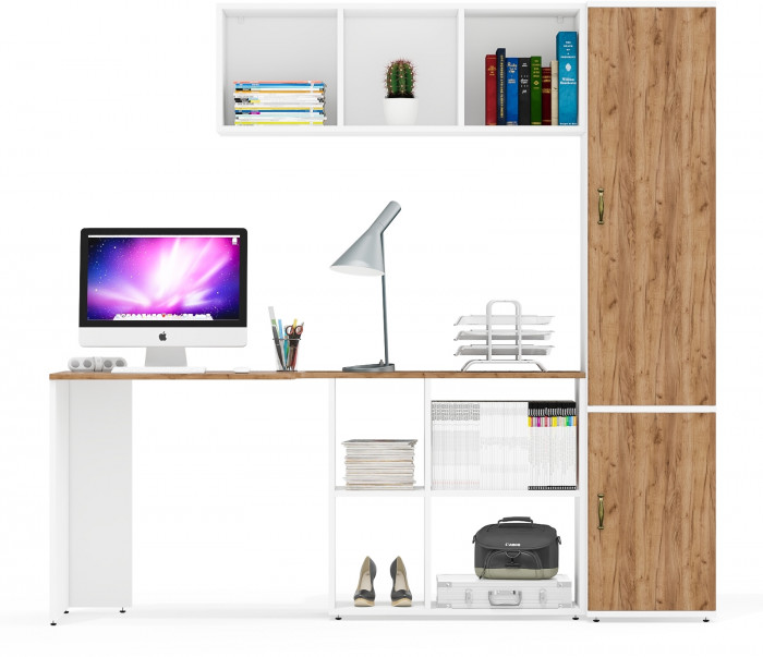 Лидер-8 Стол + Полка + Пенал МД 22Б, белый шагрень/крафт золото