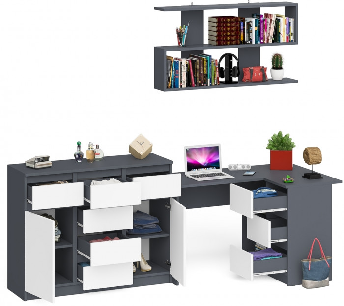 Мори компьютерный стол МС-16 правый + Комод МК1200.4 + Полка 1200, графит/белый