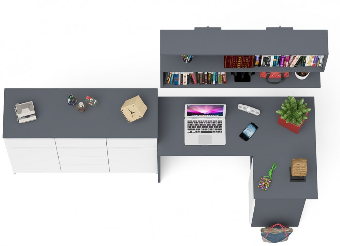 Мори компьютерный стол МС-16 правый + Комод МК1200.4 + Полка 1200, графит/белый