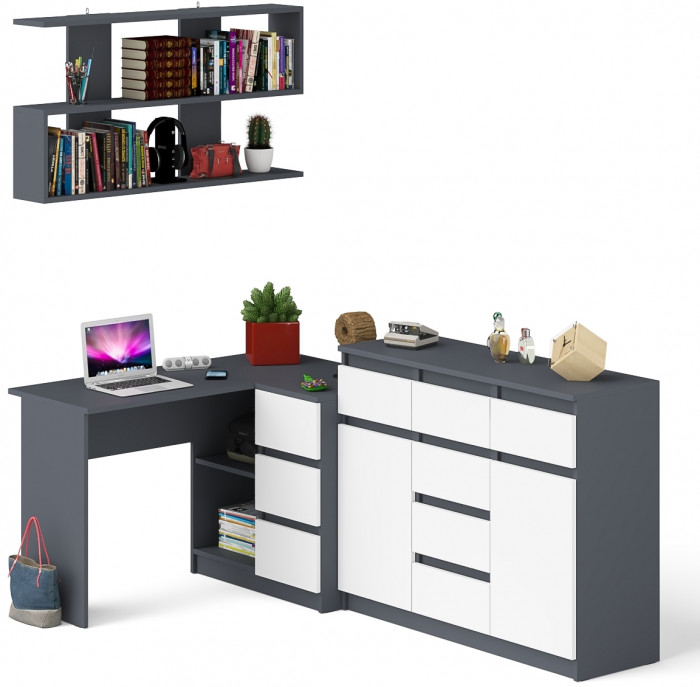 Мори компьютерный стол МС-16 правый + Комод МК1200.4 + Полка 1200, графит/белый