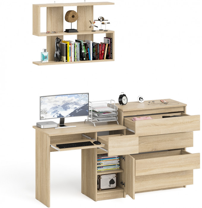 Мори Стол компьютерный МС-1 правый + Комод МК800.4 + Полка 900, цвет дуб сонома, ШхГхВ 170,4х50х209,6 см., НЕ универсальная сборка