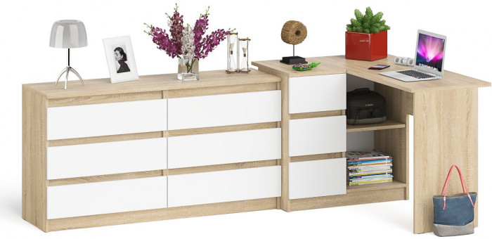 Мори Стол компьютерный МС-16 левый + Комод МК1380.6, цвет дуб сонома/белый, ШхГхВ 262,4х84,9х76,6 см., выдвижные ящики слев, НЕ универсальная сборкаа