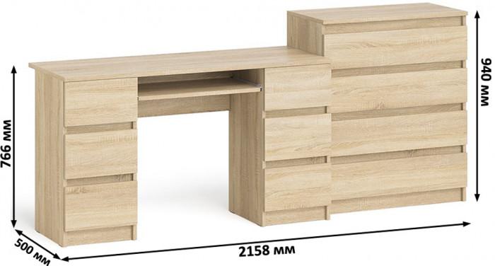 Мори Стол компьютерный МС-2 + Комод МК800.4, цвет дуб сонома, ШхГхВ 215,8х50х94 см., универсальная сборка
