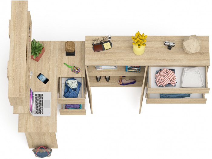 Мори компьютерный стол МС-16 правый + Комод МК1600.1 + Полка 1200, дуб сонома