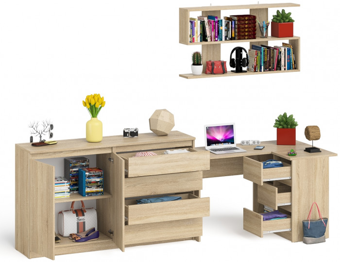 Мори компьютерный стол МС-16 правый + Комод МК1600.1 + Полка 1200, дуб сонома