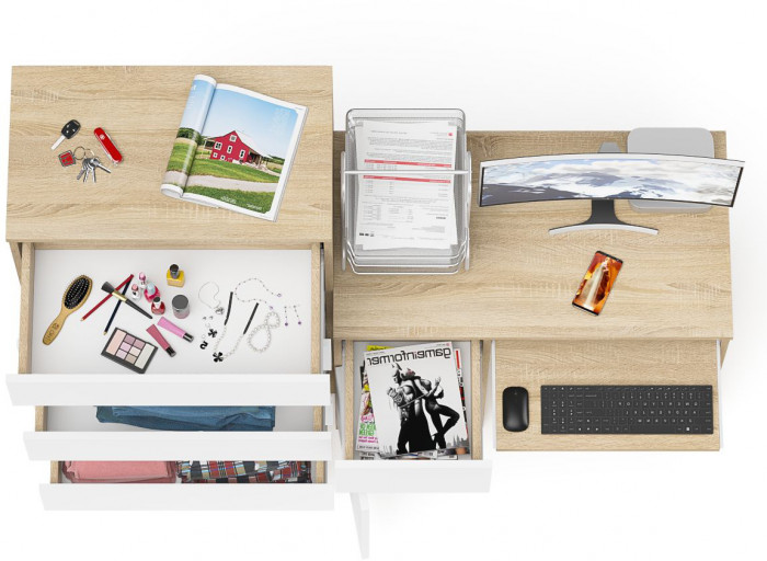 Мори Стол компьютерный МС-1 левый + Комод МК700.5, цвет дуб сонома/белый, ШхГхВ 160,4х50х114 см., выдвижной ящик слева, НЕ универсальная сборка