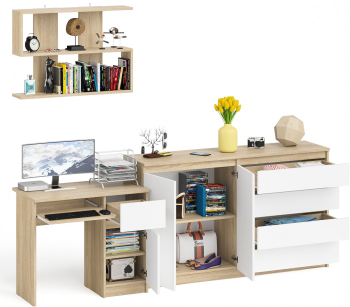 Мори Стол компьютерный МС-1 правый + Комод МК1600.1 + Полка 900, цвет дуб сонома/белый, ШхГхВ 250,4х50х209,6 см., НЕ универсальная сборка