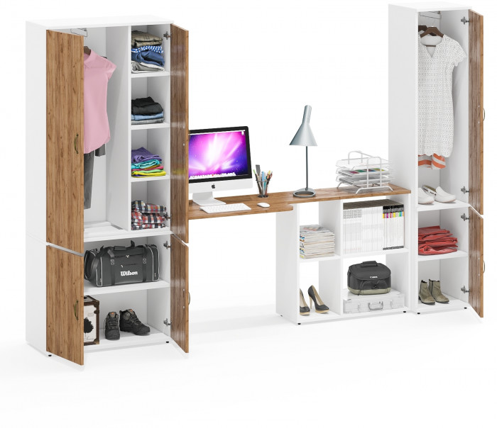 Лидер-8 Шкаф МД 20Б + Стол + Пенал 21Б, цвет белый шагрень/крафт золото, ШхГхВ 285х50/37,5х75/190 или 195х120х75/190 см., НЕ ун.сб.