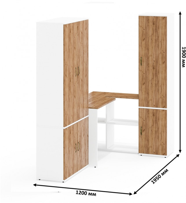Лидер-8 Шкаф МД 20Б + Стол + Пенал 21Б, цвет белый шагрень/крафт золото, ШхГхВ 285х50/37,5х75/190 или 195х120х75/190 см., НЕ ун.сб.