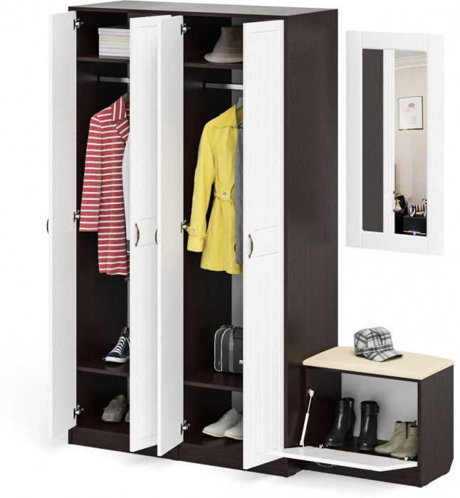 Прихожая П-6 Компоновка № 08, цвет венге/фасады МДФ белое дерево фрезеровка прованс, ШхГхВ 180х50х210 см., универсальная сборка