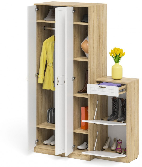 Прихожая П-6 Компоновка № 48, цвет дуб сонома/фасады МДФ белое дерево фрезеровка прованс, ШхГхВ 140х50х210 см., универсальная сборка