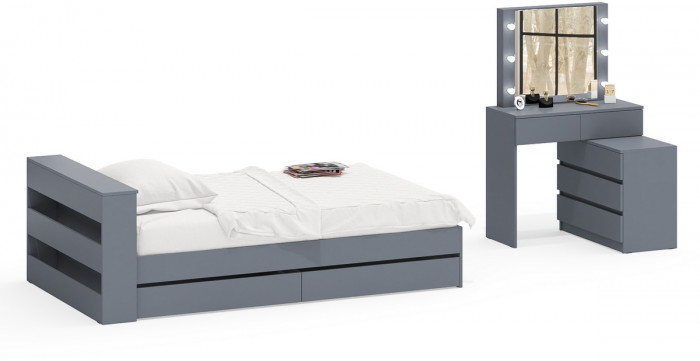 Ксения Кровать с ящиками 1200 + Стол косметический с подсветкой 110, графит