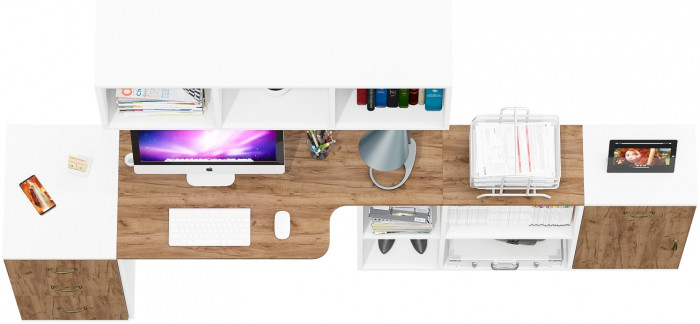 Лидер-8 Стол + Полка + Тумба МД 3.15 + Тумба МД 3.16, белый шагрень/крафт золото