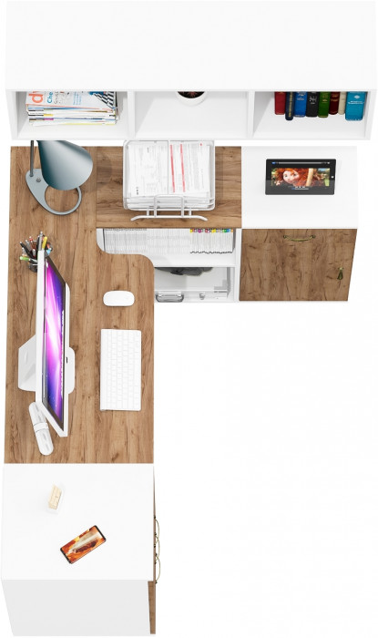 Лидер-8 Стол + Полка + Тумба МД 3.15 + Тумба МД 3.16, белый шагрень/крафт золото