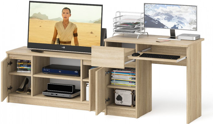 Мори компьютерный стол МС-1 левый + Тумба МТВ1200.1, дуб сонома
