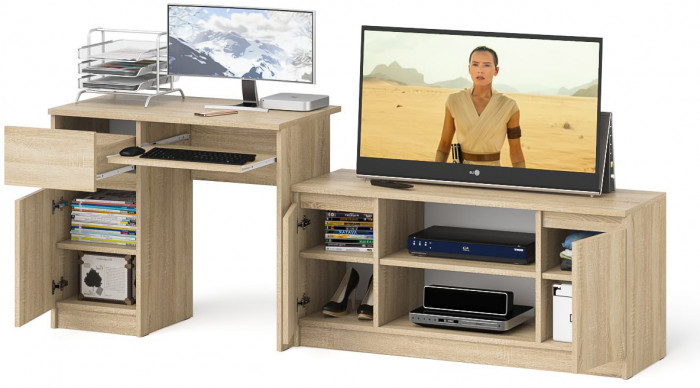 Мори компьютерный стол МС-1 левый + Тумба МТВ1200.1, дуб сонома