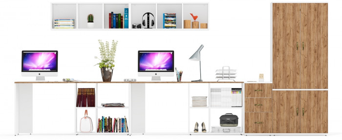 Лидер-8 Стол + Полка + Стол + Полка + Шкаф МД 19Б + Тумба МД 3.16, цвет белый шагрень/крафт золото, 450х50х75/190 или 230х200/50х75/190, НЕ ун. сб.