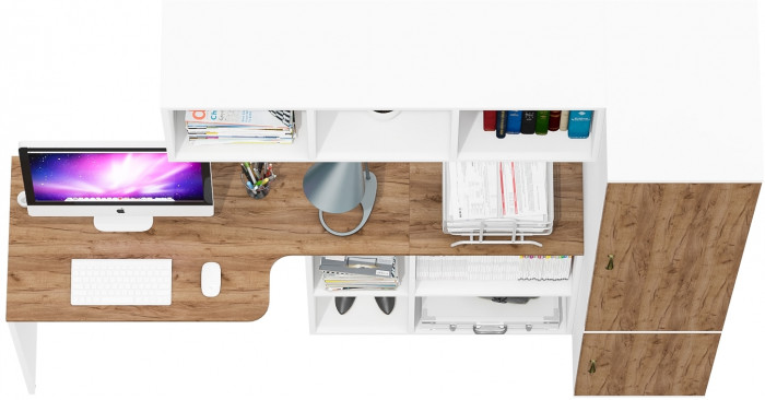 Лидер-8 Стол + Полка + Пенал МД 23Б, белый шагрень/крафт золото