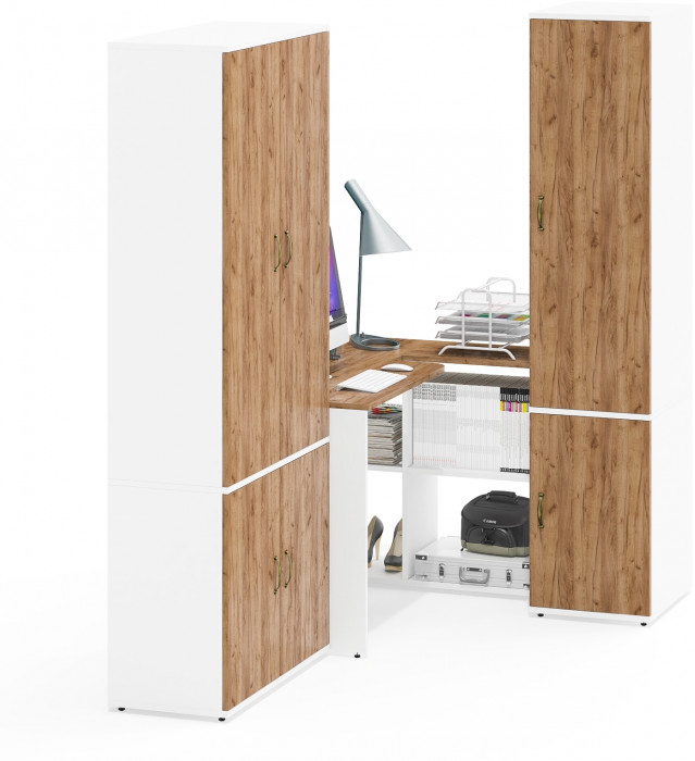 Лидер-8 Шкаф МД 20Б + Стол + Пенал 23Б, белый шагрень/крафт золото