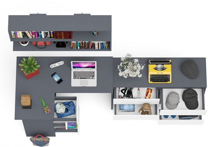 Мори компьютерный стол МС-16 левый + Комод МК1200.6 + Полка 1200, графит/белый