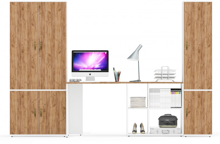 Лидер-8 Шкаф МД 20Б + Стол + Пенал 22Б, цвет белый шагрень/крафт золото, ШхГхВ 285х50/37,5х75/190 или 195х120х75/190 см., НЕ ун.сб.