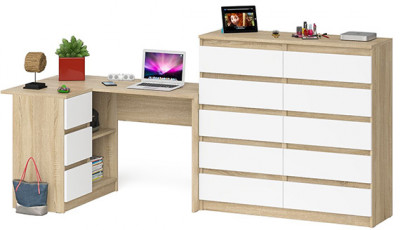 Мори компьютерный стол МС-16 левый + Комод МК1200.10, дуб сонома/белый