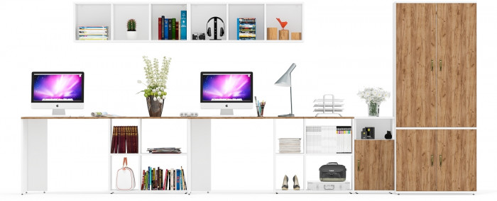 Лидер-8 Стол + Полка + Стол + Полка + Шкаф МД 19Б + Тумба МД 3.19, цвет белый шагрень/крафт золото, 450х50х75/190 или 230х200/50х75/190, НЕ ун. сб.