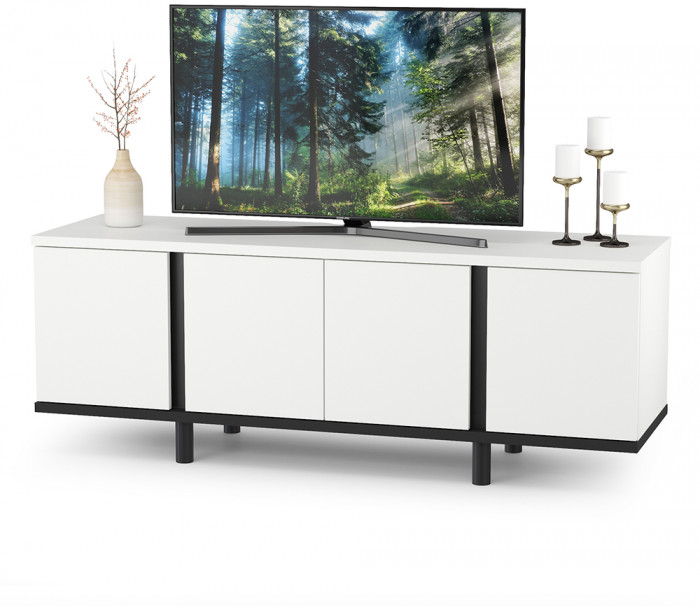 Муссон Кровать 11.28 + подъёмный ортопед + Комод 13.97 + Тумба ТВ 13.276, цвет белый/чёрный/дуб эндгрейн элегантный/кожзам белый, 1600х2000 мм., б/м