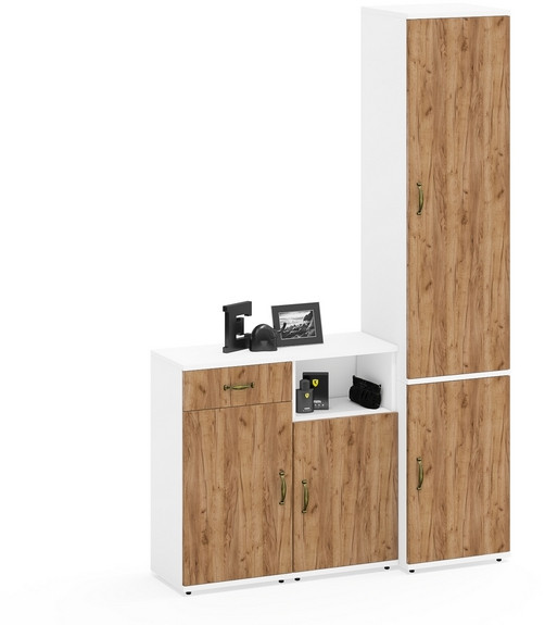 Лидер-8 Пенал МД 21Б + Тумба МД 3.15 + Тумба МД 3.19, белый шагрень/крафт золото