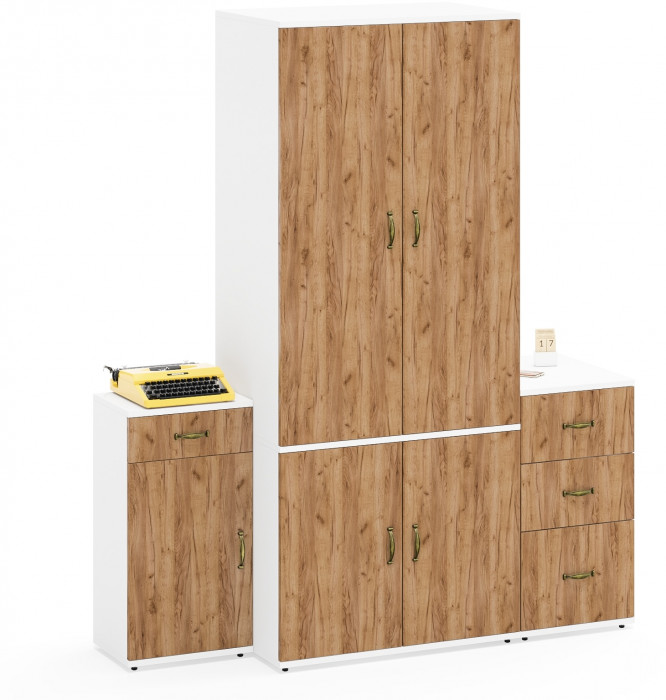 Лидер-8 Шкаф МД 19Б + Тумба МД 3.15 + Тумба МД 3.16, белый шагрень/крафт золото