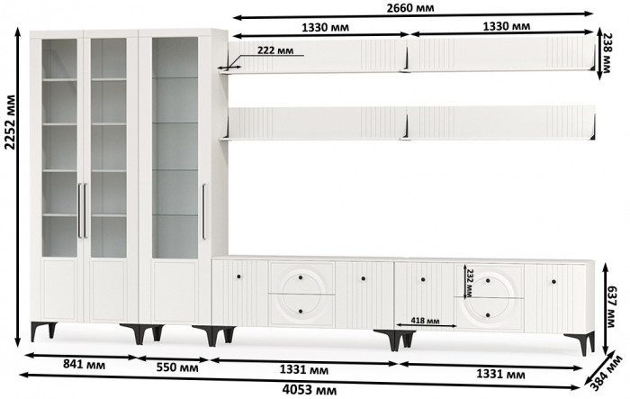 Валенсия Гостиная № 087, цвет ЛДСП белый шагрень/МДФ белый шагрень, ШхГхВ 405,3х38,3х225,2 см., универсальная сборка
