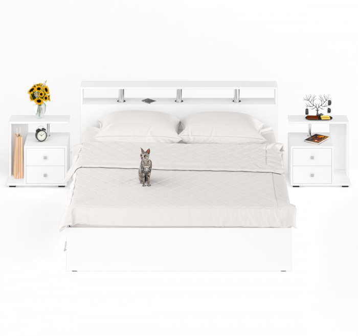 Камелия Кровать с ящиками 1800 + две тумбы, цвет белый, ШхГхВ 296х217х78,2 см., сп.м. 1800х2000 мм., без матраса, основание есть