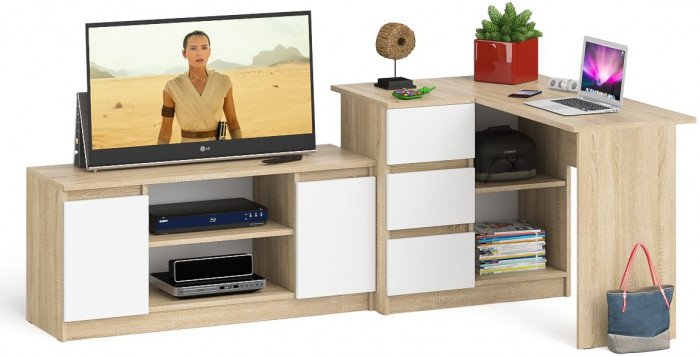 Мори компьютерный стол МС-16 левый + Тумба МТВ1200.1, дуб сонома/белый