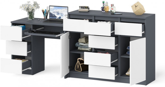 Мори Стол компьютерный МС-6 левый + Комод МК1200.4, цвет графит/белый, ШхГхВ 210,4х50х94 см., выдвижные ящики слева, НЕ универсальная сборка