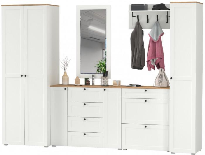 Остин Прихожая 61, цвет белый шагрень/дуб крафт золотой, ШхГхВ 320х54,3х229,6 см., универсальная сборка