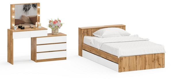 Ксения Кровать с ящиками 1200 + Стол косметический с подсветкой 110, дуб вотан/белый