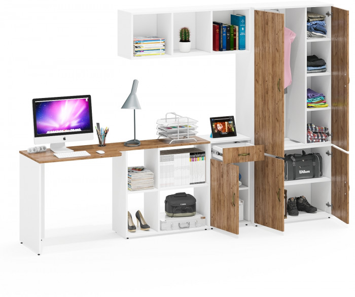 Лидер-8 Стол + Полка + Тумба МД 3.15 + Шкаф МД 20Б, белый шагрень/крафт золото