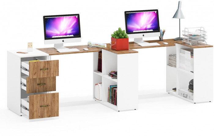 Лидер-8 Стол + Стол + Тумба МД 3.16, цвет белый шагрень/крафт золото, ШхГхВ 370х50/30х75 см. или 230х50/120х75 см., НЕ универсальная сборка