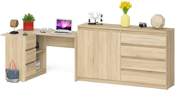 Мори Стол компьютерный МС-16 левый + Комод МК1600.1, цвет дуб сонома, ШхГхВ 284,8х84,9х94 см., выдвижные ящики слева, НЕ универсальная сборка