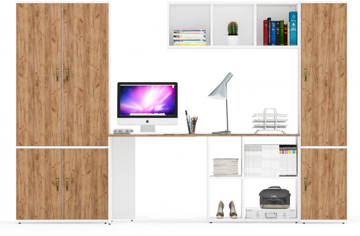 Лидер-8 Шкаф МД 20Б + Стол + Полка + Пенал 22Б, белый шагрень/крафт золото