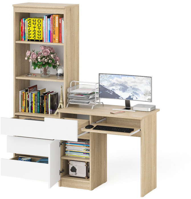 Мори компьютерный стол МС-1 левый + Стеллаж МСТ600.3, дуб сонома/белый
