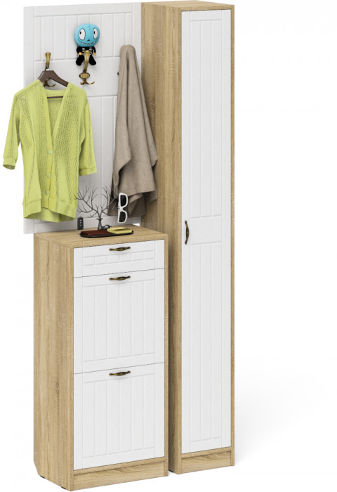 Прихожая П-6 Компоновка № 24, дуб сонома/фасады МДФ белое дерево фрезеровка прованс