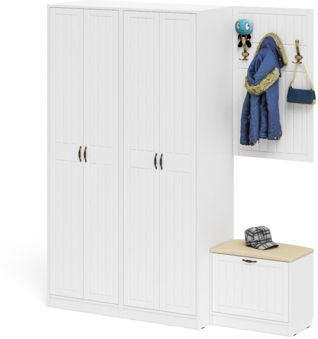 Прихожая П-6 Компоновка № 09, цвет белая шагрень/фасады МДФ белое дерево фрезеровка прованс, ШхГхВ 180х50х210 см., универсальная сборка