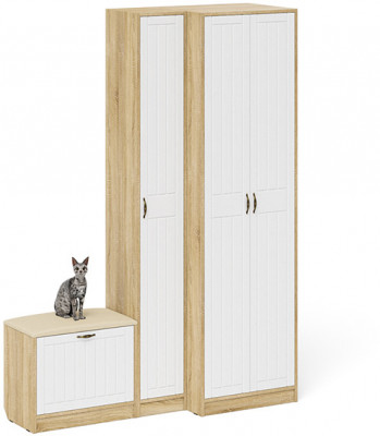 Прихожая П-6 Компоновка № 25, цвет дуб сонома/фасады МДФ белое дерево фрезеровка прованс, ШхГхВ 150х50х210 см., универсальная сборка