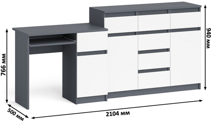 Мори компьютерный стол МС-1 правый + Комод МК1200.4, графит/белый