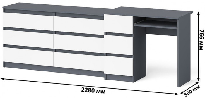 Мори компьютерный стол МС-6 левый + Комод МК1380.6, графит/белый