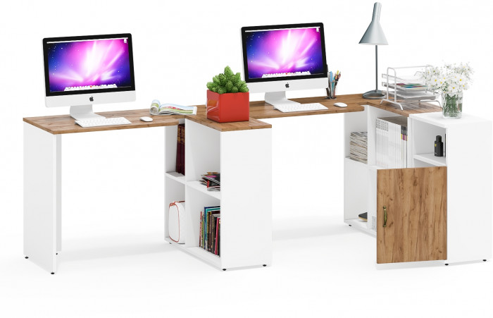 Лидер-8 Стол + Стол + Тумба МД 3.19, цвет белый шагрень/крафт золото, ШхГхВ 370х50/30х75 см. или 230х50/120х75 см., НЕ универсальная сборка