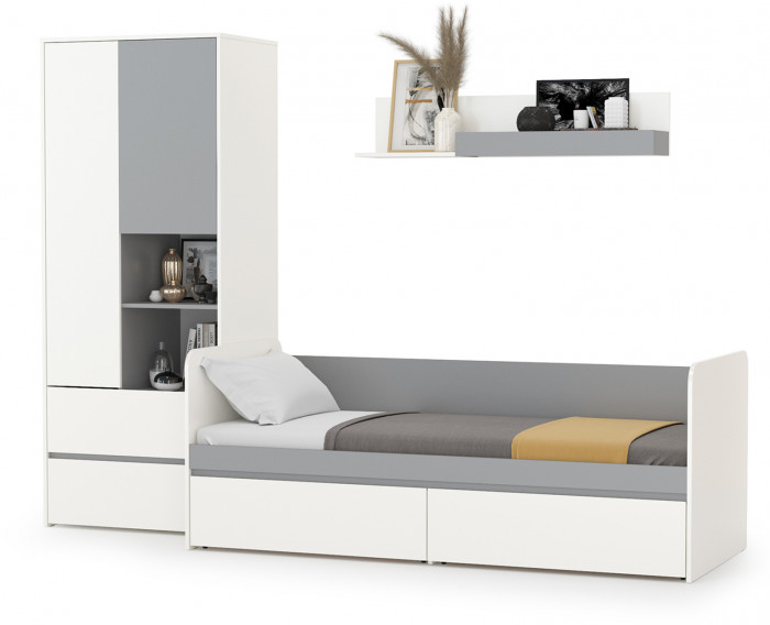 Торонто Компоновка № 20, цвет белый шагрень/стальной серый, ШхГхВ 274х84,4х195,7 см., сп. м. 800х1900 мм., б/м, основание есть, универсальная сборка