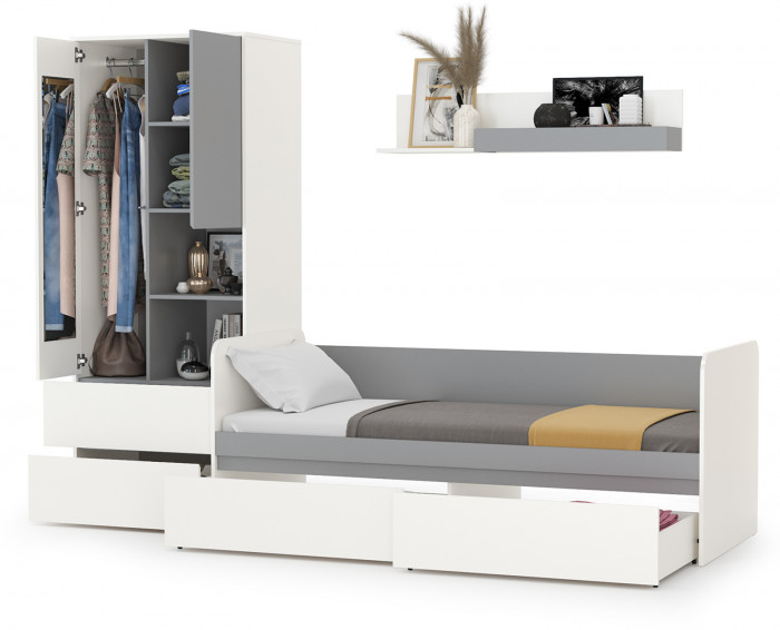 Торонто Компоновка № 20, цвет белый шагрень/стальной серый, ШхГхВ 274х84,4х195,7 см., сп. м. 800х1900 мм., б/м, основание есть, универсальная сборка