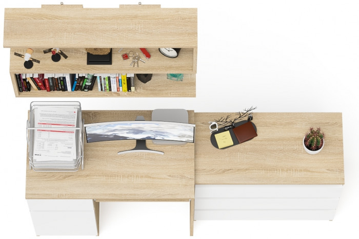 Мори Стол компьютерный МС-1 левый + Комод МК800.1 + Полка 900, цвет дуб сонома/белый, ШхГхВ 170,4х50х209,6 см., НЕ универсальная сборка